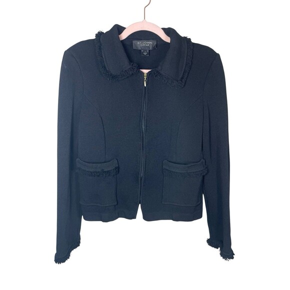 ST. JOHN CAVIAR KNIT FULL ZIP WOMENS FRINGED BLAZER BLACK CLASSY SZ 6 POCKETS - Picture 4 of 16